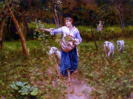 A Shepherdess In A Pastoral Landscape by Francesco Paolo Michetti - Hand-Painted Oil Painting on Canvas For Sale